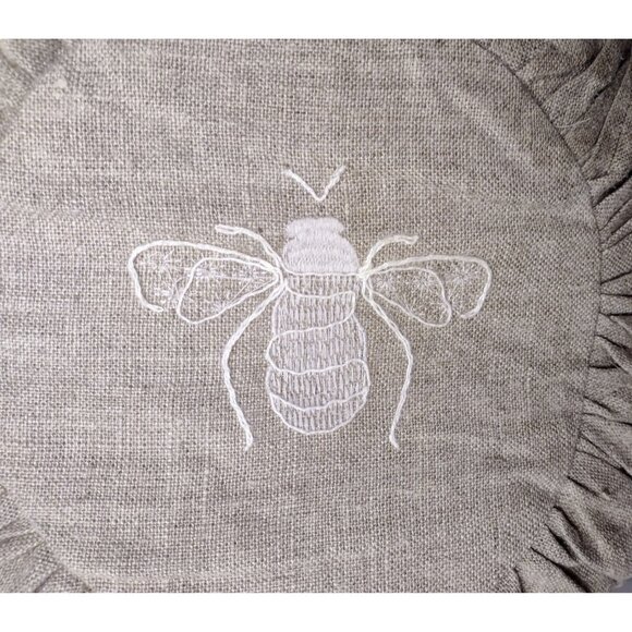 Round Linen Embroidered Honey Bee Throw Pillow 16 x 16 Natural Boho Minimalist - Picture 2 of 7